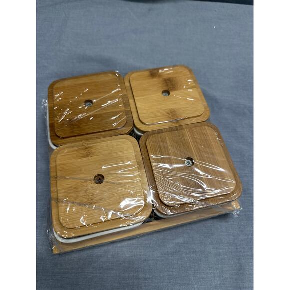 Unopened/Sealed Ceramic Divided Serving Dishes with Lids and Bamboo Tray- White - Picture 2 of 6